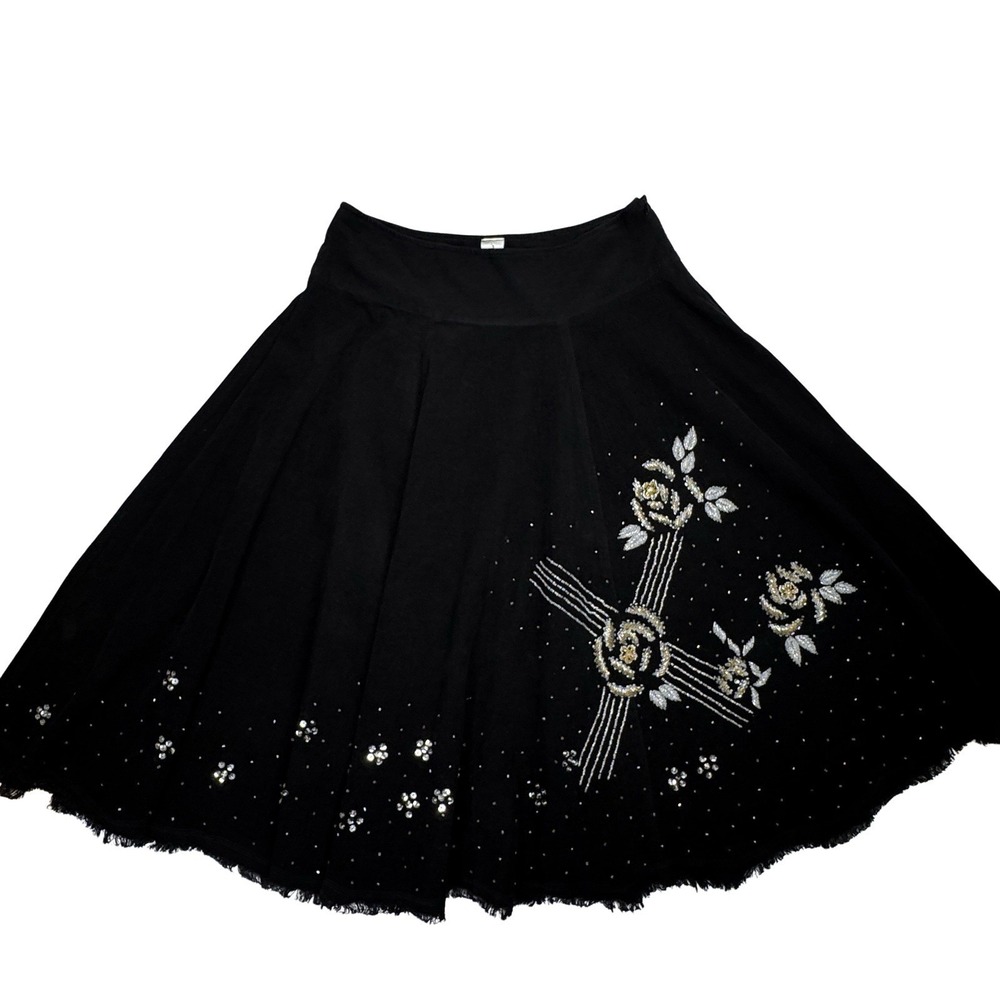 French Kiss Black Embellished Cotton Skirt S Rhinestone Floral Beaded Full Swing